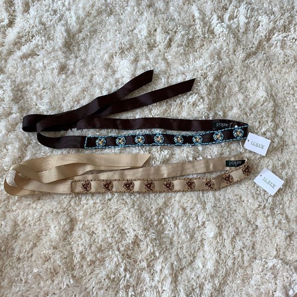 J Crew 2 Beaded Belts ribbons brown beige NWT 58.5”